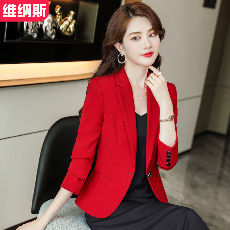Spring and Autumn Long Sleeve Top Small Short Red Suit Jacket Women's Korean Style Slim-fit Fashion Black Small Suit
