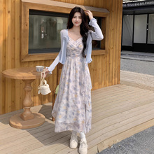 法式不规则茶歇雪纺碎花收腰显瘦减龄度假风吊带连衣裙女春夏2025