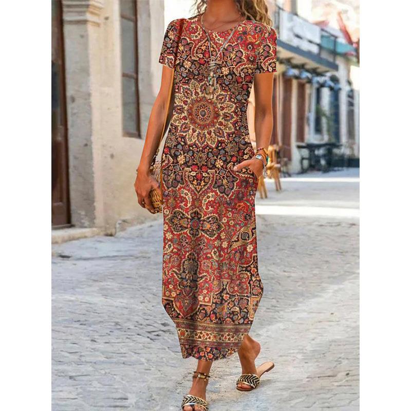 Polyester Fabric Type Mid Waist Waist Line Women's Regular Dress Casual Round Neck Printing Pocket Short Sleeve Printing Ditsy Floral Maxi Long Dress Daily
