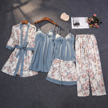 带胸垫夏季女士仿真丝睡衣韩版印花开衫丝绸薄款五件套家居服批发