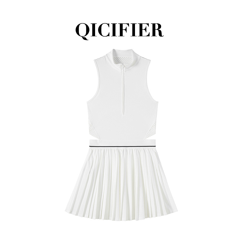 Qcfe Stand Collar Half-Zip Sports Dress Yoga Suit Back Hollow-Out Sleeveless Tennis Dress Women 5080
