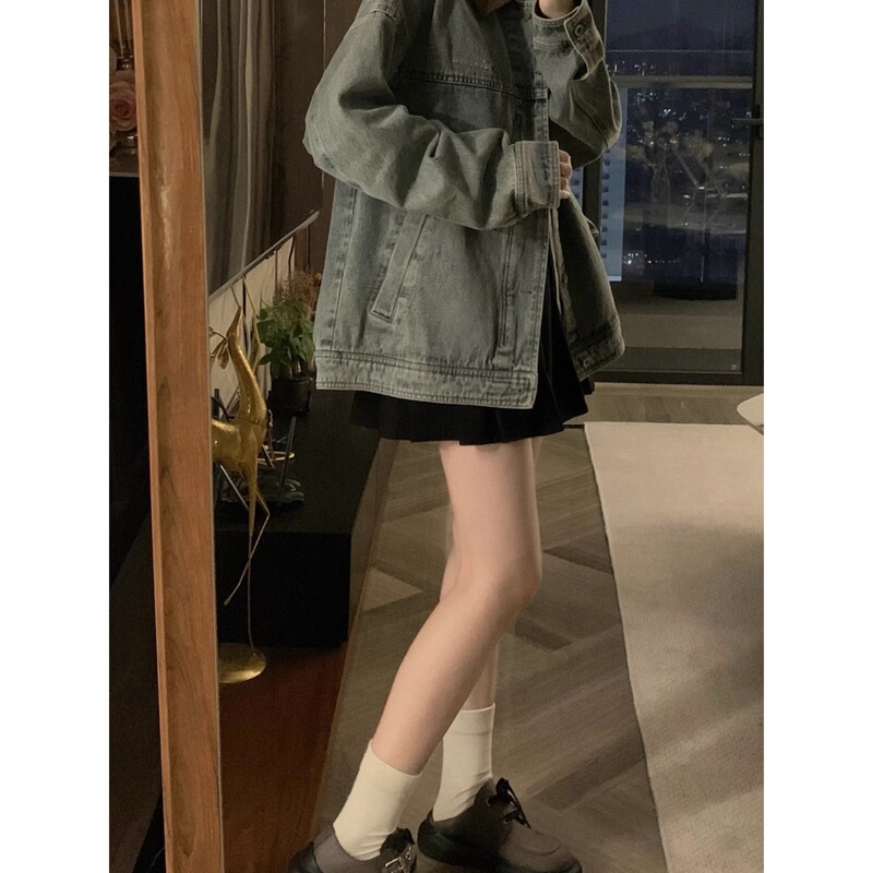 水洗复古美式做旧蓝牛仔外套女高街潮流宽松情侣休闲百搭夹克上衣|undefined