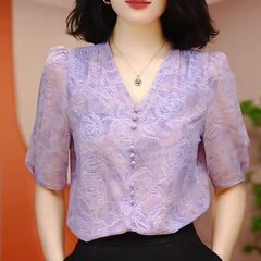 一件代发2025夏季新款洋气百搭衬衫女时尚减龄妈妈显瘦五分袖上衣