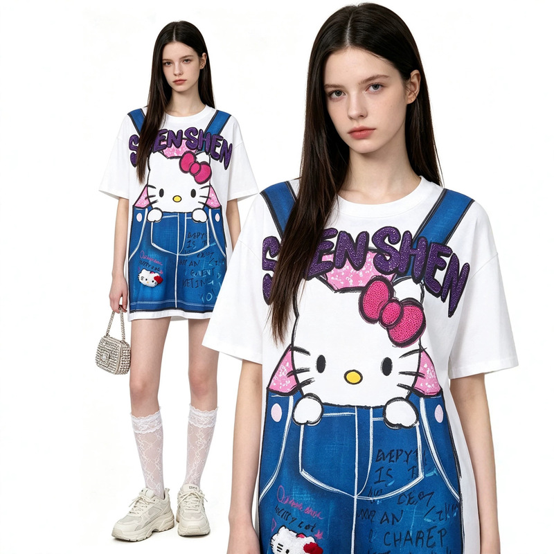 Shenshenjia Original Design Korean Fashion Cartoon Kt Cat Rhinestone Print Age-Reducing Heavy-Duty Loose Short-Sleeve T-Shirt for Women