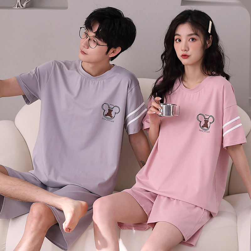 Venta al por mayor pareja pijamas de verano de las mujeres traje de manga corta de algodón Delgado coreano casual hombres y ropa de casa de las mujeres se puede usar fuera