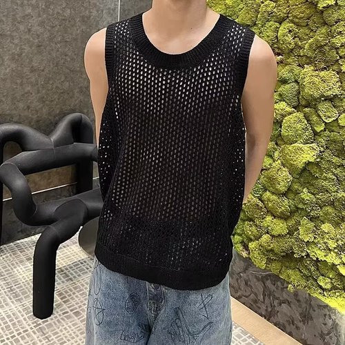 Unlined open-front vest with sleeveless design, high-end men's niche fashion, base layer casual summer knit short sleeve.