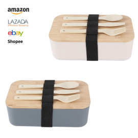 网红日式竹盖便当盒pp小麦秸秆饭盒便携密封午餐盒厂家直销亚马逊