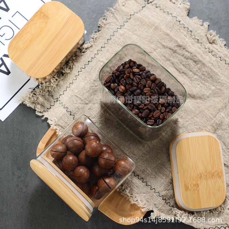 Tanque de almacenamiento de vidrio rectangular al por mayor Tanque de almacenamiento de vidrio de borosilicato Tarro sellado Tarro de té Tarro de bambú