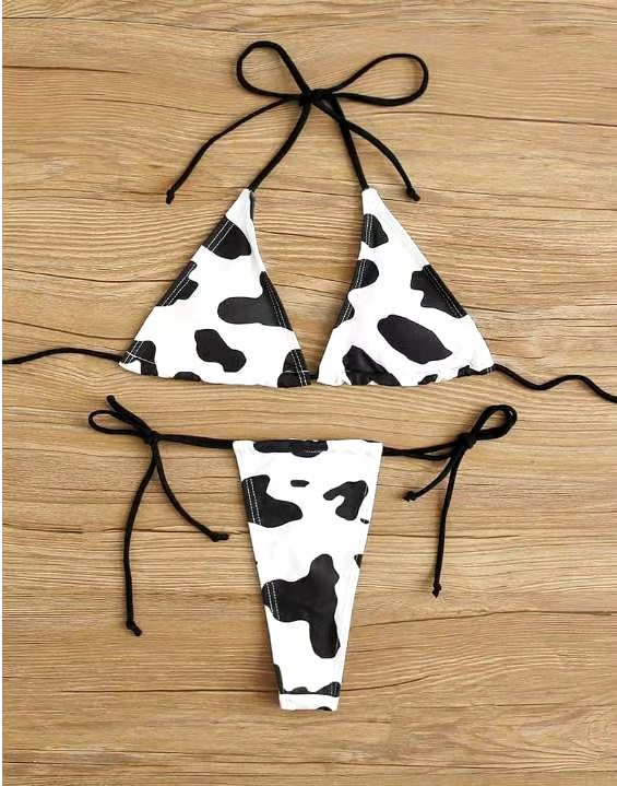 Cow pattern halter thong bikini swimsuit set NSHL48210