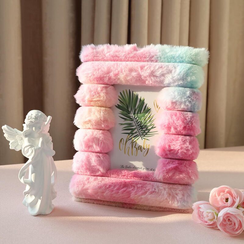 Plush Photo Frame MDF Package Flannel Rabbit Fur Square Hollow Photo Frame European and American mdf Table 7 Inch Amazon Rainbow