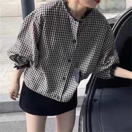法式气质格子衬衫女早秋2025新款复古洋气减龄百搭娃娃衫圆领上衣