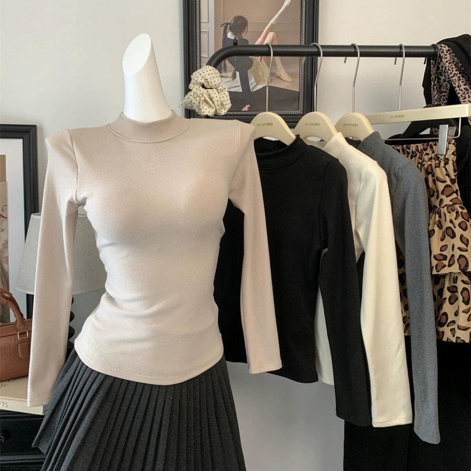 Сатиновый демисезонный длинный рукав, тёплый цветной топ с чашками, slim fit