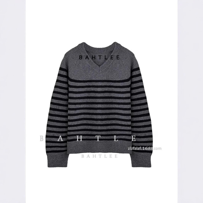 Autumn and Winter Bashulan Wool Design Thickened Pullover Sweater Striped V-Neck Knitted Sweater Large Wide Sleeves Super Long Sleeves