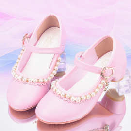 女童高跟鞋 进口超纤皮 鞋面串珠甜美学生皮鞋 表演舞鞋一件代发