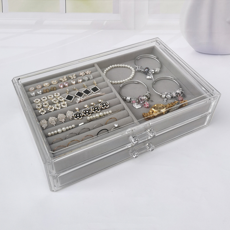 大两抽亚克力绒布收纳盒首饰项链整理盒耳环戒指展示架绒布托盘