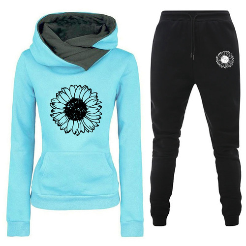 Cross-border new autumn and winter casual sports set heart rate print women's same style hooded sweatshirt set trendy