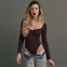 跨境欧美风女装秋冬新款纯色基础款低胸U字领修身显瘦连体衣批发