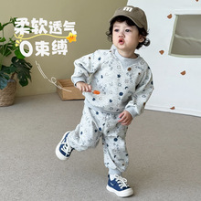 儿童时尚套装2025新款秋季男童星球印花卫衣洋气韩版卫裤两件套潮