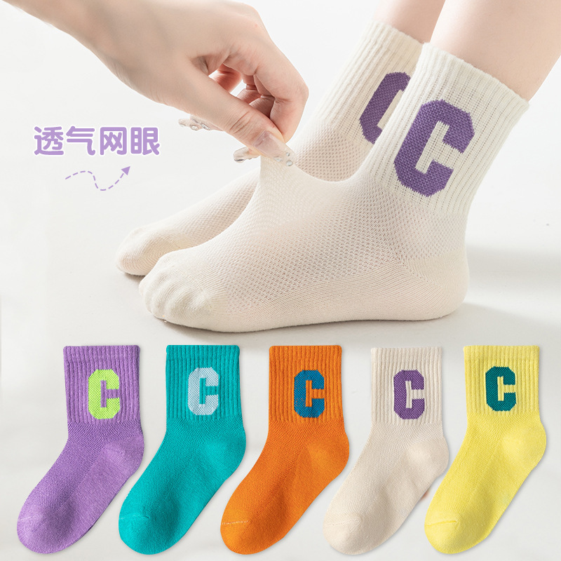 Spring and Summer Girls' Socks Mesh Mid-Calf Socks Thin Internet Celebrity C Letter Candy Socks Breathable Kidsren's Sports Cotton Socks