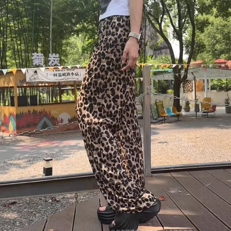Cool and Skin-Friendly Leopard Print Lace Draped Low-Waist Casual Pants for Women 25 Spring and Summer Slimming Look Floor-Length Straight Pants Loose