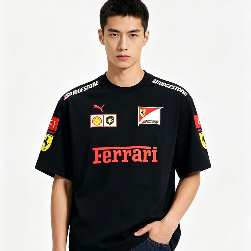 New F1 Ferrari Pure Cotton Printed Round Neck Short-Sleeved T-Shirt European Size American Street Sports Couple Tops Customized New F1 Ferrari Pure Cotton Printed Round Neck Short-Sleeved T-Shirt European Size American Street Sports Couple Tops Customized