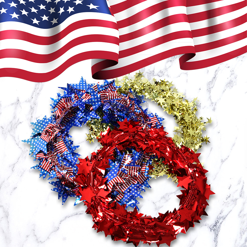 Decoración del Día de la Independencia de los Estados Unidos Guirnaldas de flores de estrellas de caña Fiesta de Retiro de colorido alambre rojo, blanco, azul, estrella de pentaco dibujar flores