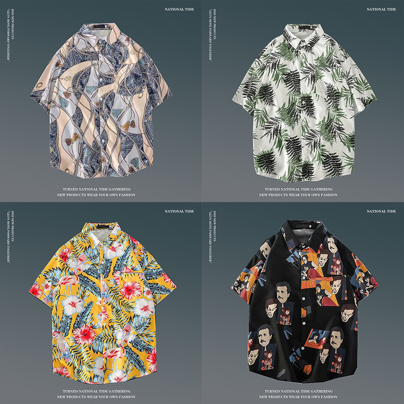 Japanese ins Hong Kong style summer short-sleeved floral shirt retro Ruan Shuai Hawaii beach fashion brand couple loose shirt