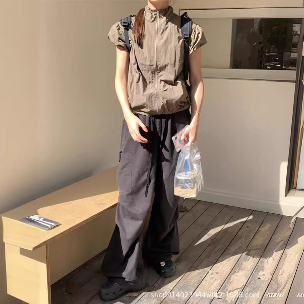 Summer New Vintage Puff Sleeve Zipper Half High Neck Sports Short Sleeve Design Niche Short Sunscreen Top