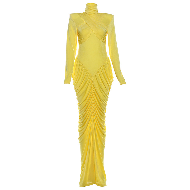 Women's Elegant Slim Fit Long-Sleeve Pleated Solid Color Dress