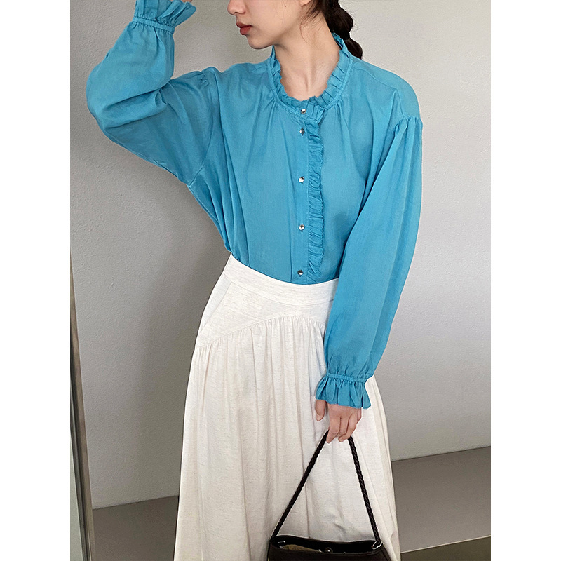 Jiangzuo Popular Korean Retro Style Ruffled Collar Ramie Shirt Spring/Summer Loose Flared Sleeve Top 1822