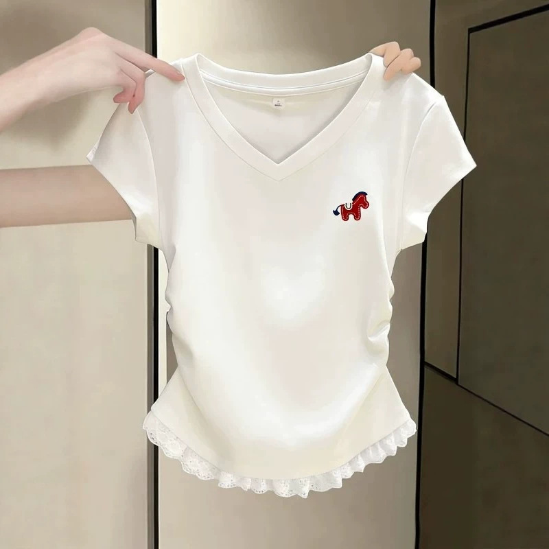 Lace Trim V-Neck Short Sleeve T-Shirt for Women, Summer 2026 New Style, Sweet and Spicy Girl Slim Fit Ruched Short Top