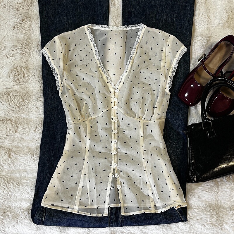 2025 European and American Style New Women's Color-Block Lace Print Single-Breasted Short-Sleeve T-Shirt 2025 European and American Style New Women's Color-Block Lace Print Single-Breasted Short-Sleeve T-Shirt