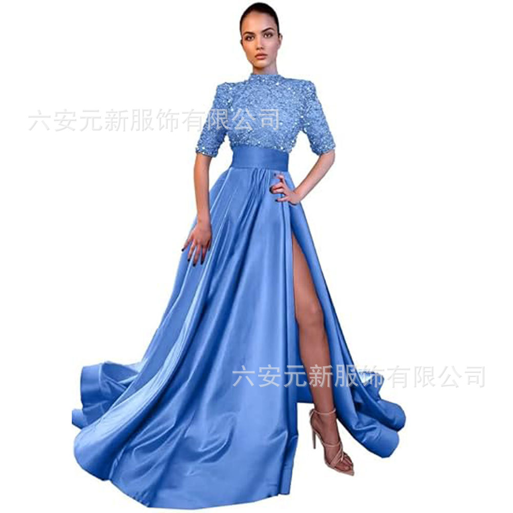 Europeo y americano Amazon AliExpress vestido de fiesta media manga lentejuelas satén vestido de noche A-line vestido de fiesta de hendidura image 3