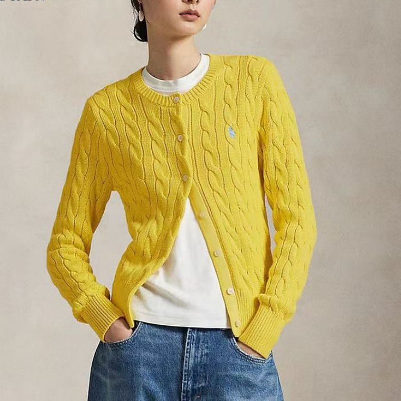 2025 Autumn/Winter New Rl Ralph Knitted Embroidered Pony Logo Cotton Yarn Classic Cable Knit Cardigan Sweater for Women
