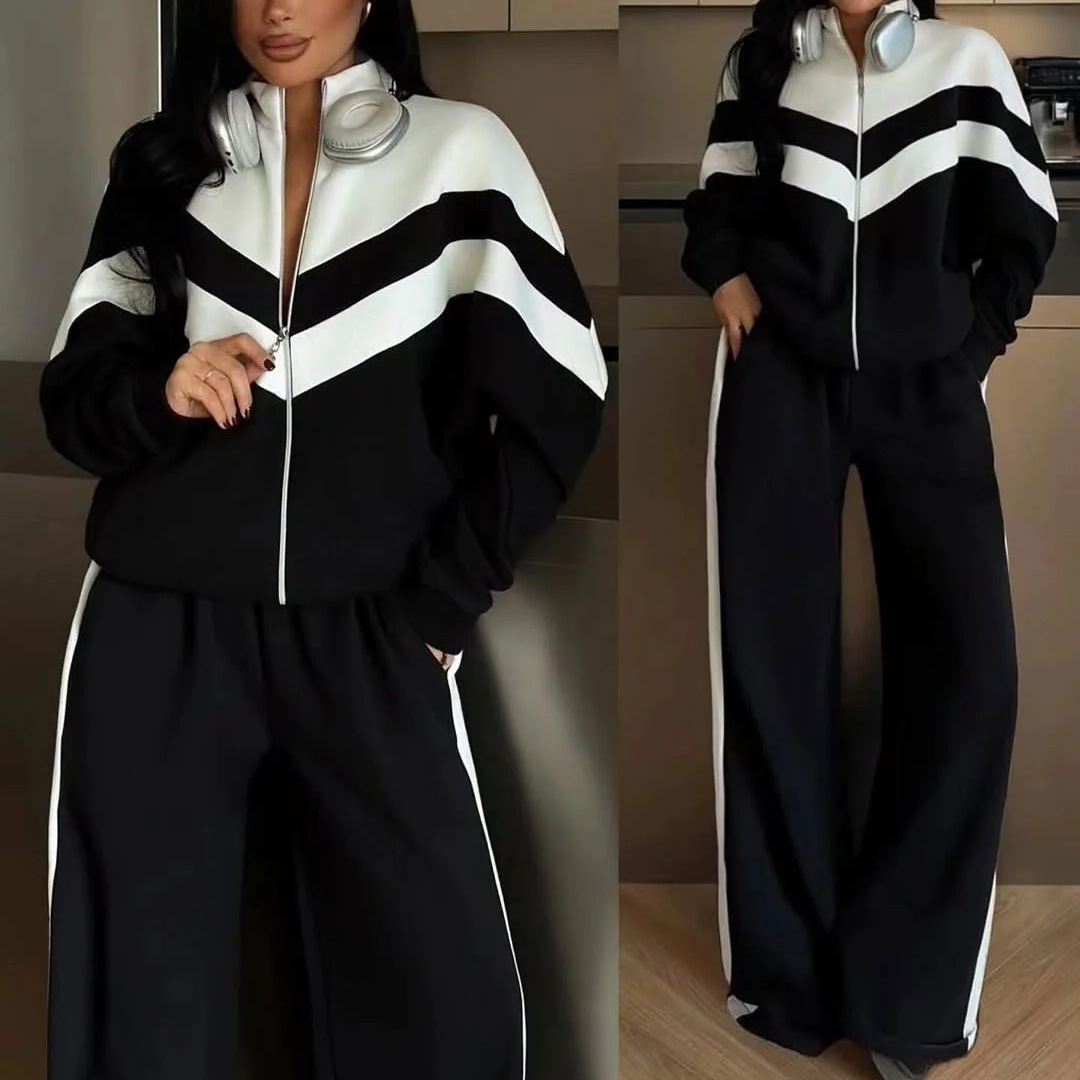 2025 New Autum Cross-Border European and American Export Women's Stand-Up Collar Long-Sleeved Zipper Sports Jacket Wide-Leg Pants Two Pieces