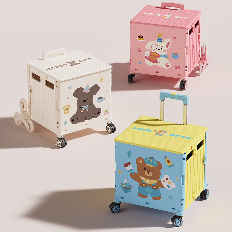 Outdoor Small Cart with Creative Illustrations, Grocery Cart, Foldable Shopping Cart, Portable Trolley, Household Hand-Pulled Cart