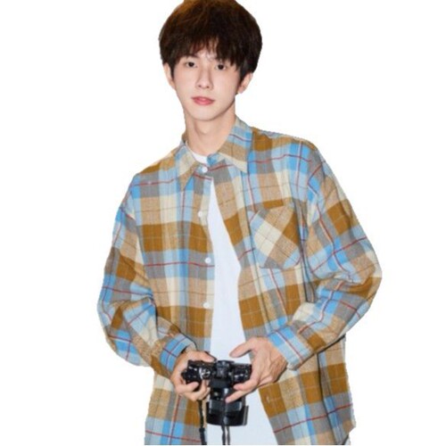 Japanese khaki plaid shirt, outerwear couple's Hong Kong-style chic loose casual couple's collared shirt