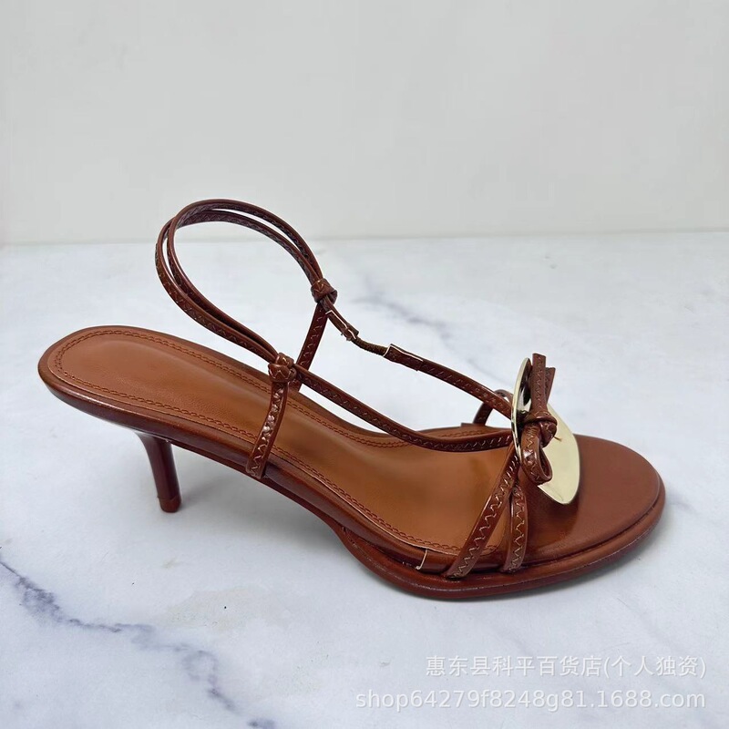 Za2024 Summer New Women's Shoes Brown Metal Decoration Fashionable Stiletto Sandals for Women