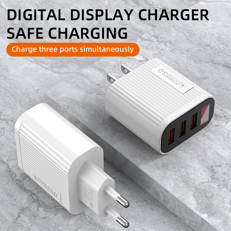 3USB Digital Phone Charger Multi port Display European American Standard Fast Charging Head Suitable for Apple and_voghion.com