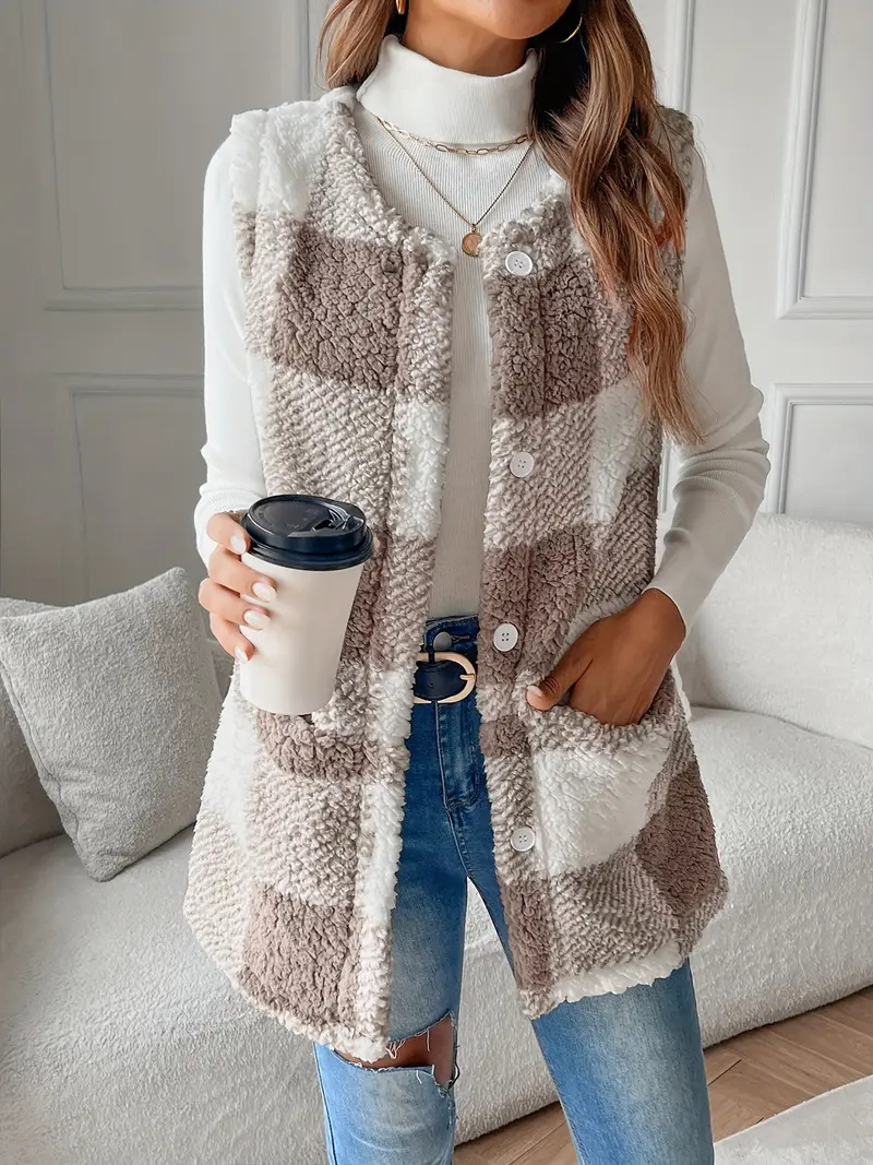 ​​Teddy Bear Plush Vest – Oversized Faux Fur Gilet | Winter Elegance (Dark Khaki Checkered)​​_ecoleips.com