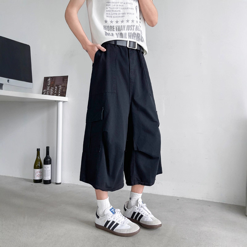 Cargo Multi-Pocket Cropped Shorts Men 2025 Summer New American Style Trendy Loose Straight Wide-Leg Casual Pants