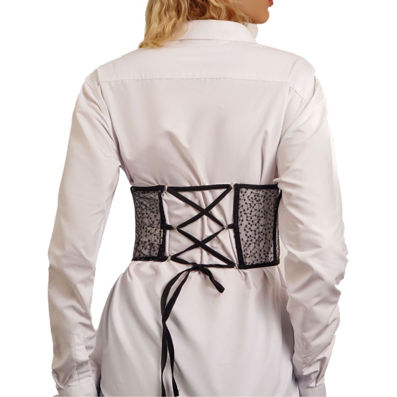 Top Corto Ajustado con Anillo de Acero en la Cintura, Estilo Urbano, con Malla, Lazos y Lentejuelas, Moldeador de Cintura Sexy