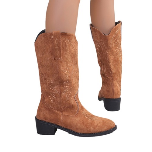 Retro Embroidered V-Open Martin Boots for Women: Autumn/Winter Chunky Heel Mid-Calf Knight Boots & Western Cowboy Ankle Boots