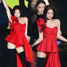 金智妮Jennie同款紅色露肩連衣裙演出服舞台年會主持歌手打歌舞服