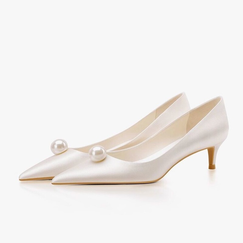 Low-Heeled Wedding Shoes for Women, Medium-High Heels That Are Comfortable for the Feet, Bridal Shoes, 2026 Spring/Summer New Style, White Satin Stiletto Heels, Low Heels