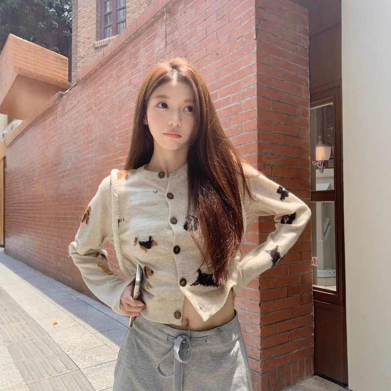 Cute Puppy Jacquard Long-sleeved Knitted Sweater Cardigan Women's Autumn 2024 New Slim-fit Slimming Short Top Trendy