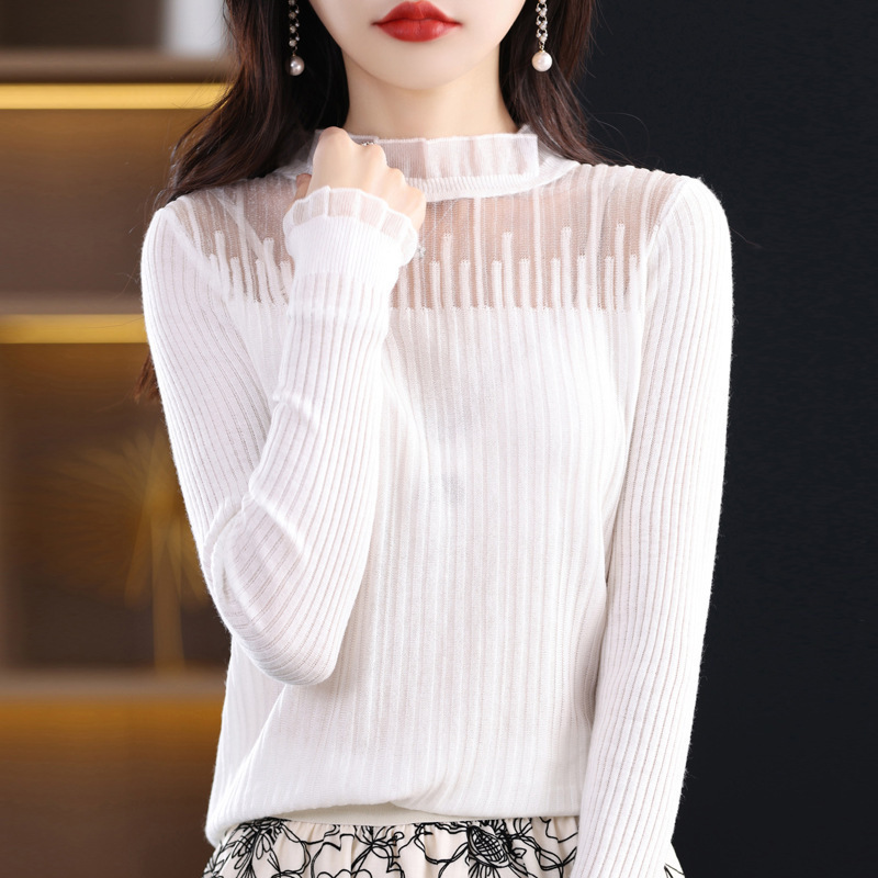 Spring and Autumn Thin Sexy Lace Long Sleeve Wool Sweater Women's Half Turtle Collar Temperament Inner Top Bottoming Sweater