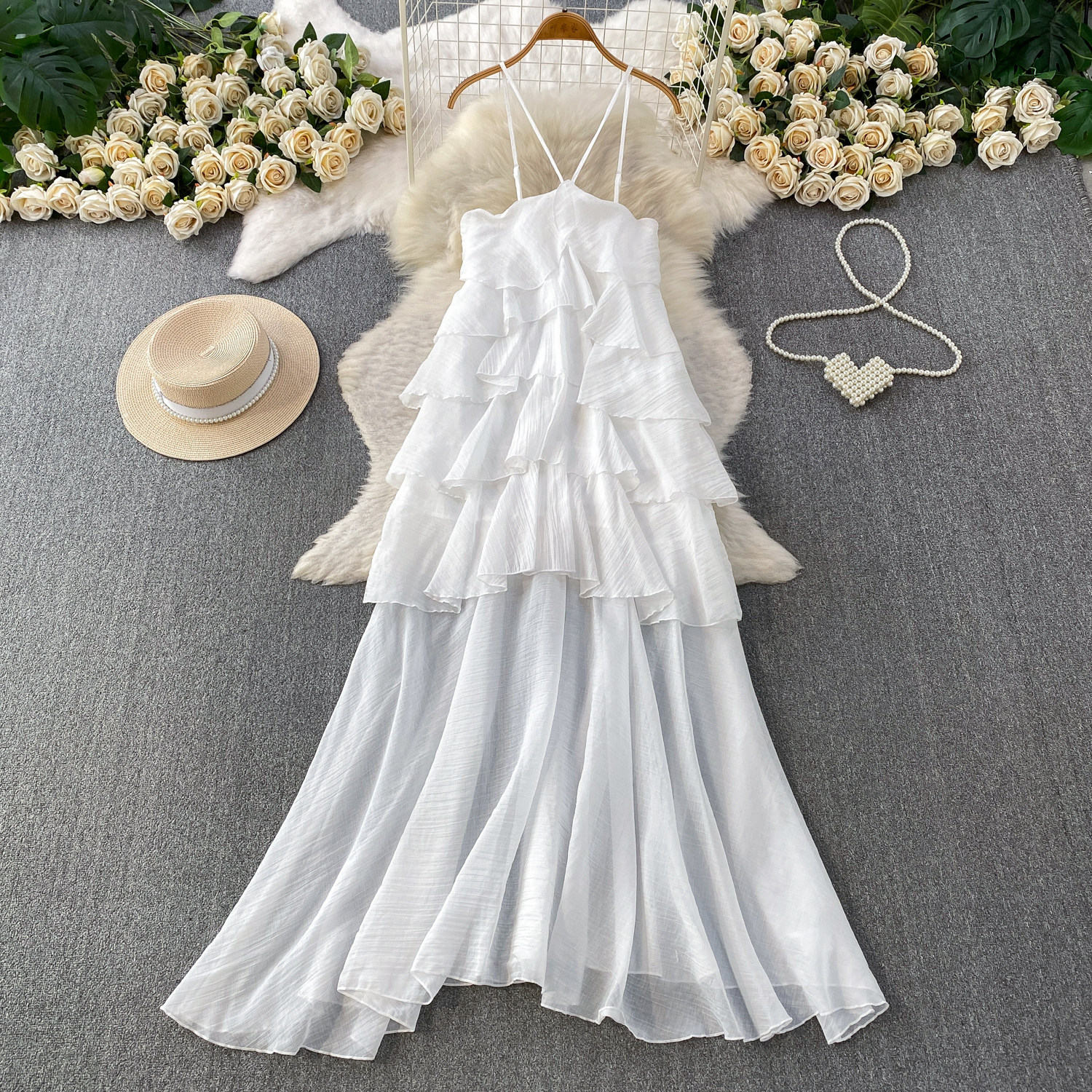 Women's Backless Maxi Dress With Spaghetti Straps, Flowy Beach Cover Up With Ruffle Hem, Sexy Boho Evening Gown For Vacation_ecoleips.com