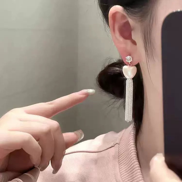 爱心珍珠流苏耳环高级感气质长款链条耳坠精致设计感小众耳饰小众