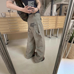 川川也原创美式宽松直筒刺绣腰带绳工装裤男女复古街头阔腿长裤潮